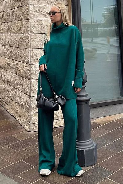 WOMAN VISION Pulover supradimensionat cu mânecă lungă cu gât roscat și tricotaje verzi cu talie înaltă, pantaloni, jos, set de sus 003