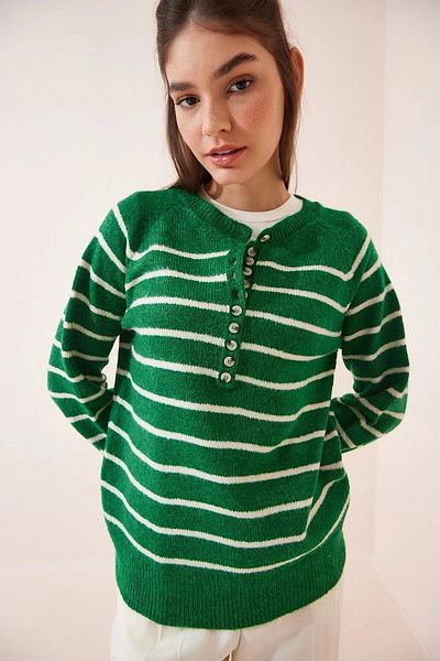 hazelin Women's Dark Green Lightweight Balloon Sleeve Red Striped Button-Up Collar Knitwear Sweater HZL23W-BD1101491