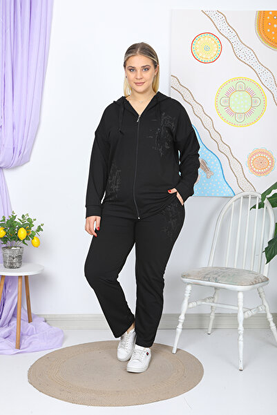 XL Modam Дамски комплект от ликра с качулка, 2 ципа, в черно, с камъни, голям размер