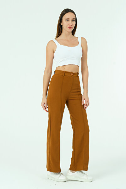 modazoom Жіночі коричневі зимові брюки з високою талією та швами спереду