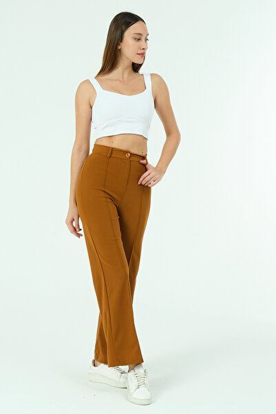 modazoom Жіночі коричневі зимові брюки з високою талією та швами спереду