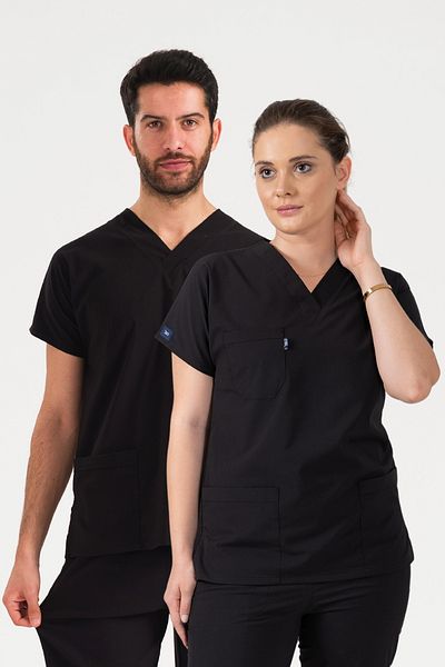 DRCLASS Uniforma medicală unisex din Lycra neagră - Îmbrăcăminte chirurgicală pentru asistentă și medic