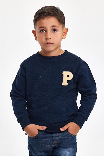 MRS CLOTHING Navy Blue Boy's Sweatshirt 3D Embroidered Wool and Cotton Winter Crew Neck