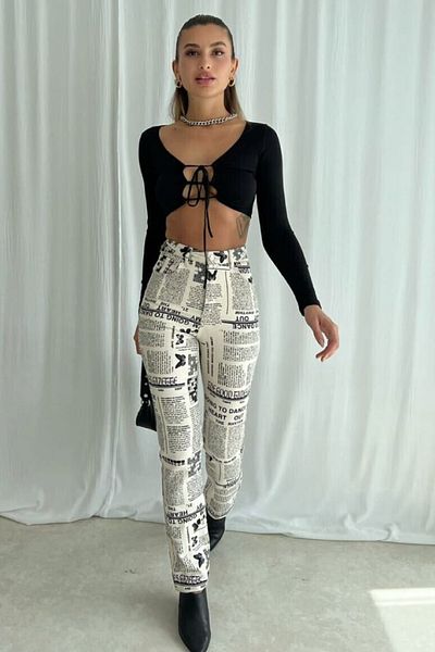 lovebox Women's Newspaper Printed Special Design High Waist Pocket Detailed Trousers 194