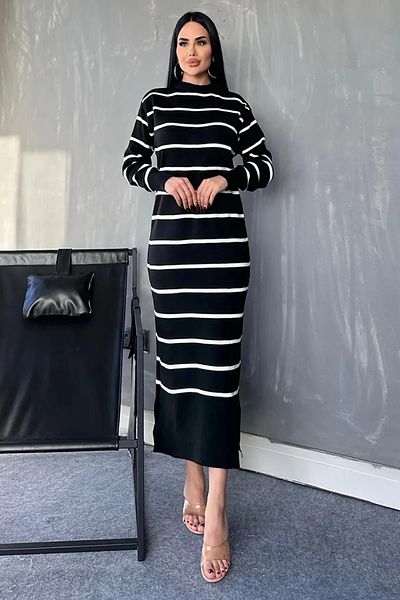 WOMAN VISION Γυναικείο μαύρο πλεκτό φόρεμα 1080 με μακρυμάνικο λαιμόκοψη με μακρυμάνικο λαιμόκοψη
