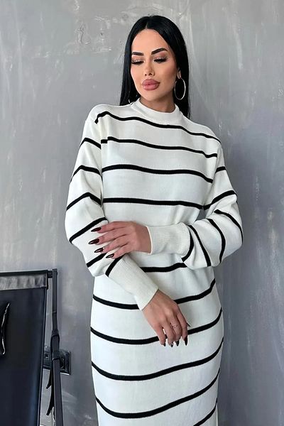 WOMAN VISION Dámské Oversize Fit Line Vzorované Dlouhé Rukávy Výstřih Midi Délka Ecru pletené šaty 1080