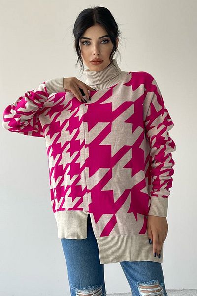 lovebox Women's Knitwear Fabric Turtleneck Asymmetrical Cut Oversize Sweater 193