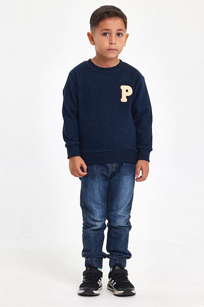 MRS CLOTHING Navy Blue Boy's Sweatshirt 3D Embroidered Wool and Cotton Winter Crew Neck