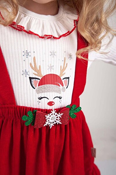 MİNİKO KİDS YEARSHIP THEMED GIRL'S DEER PATTERNED BADED SALOPET DRESS