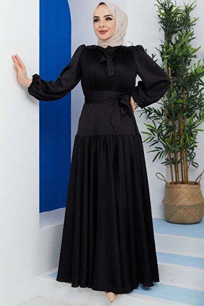 marwella Göğüs Pileli Saten Abiye - Siyah