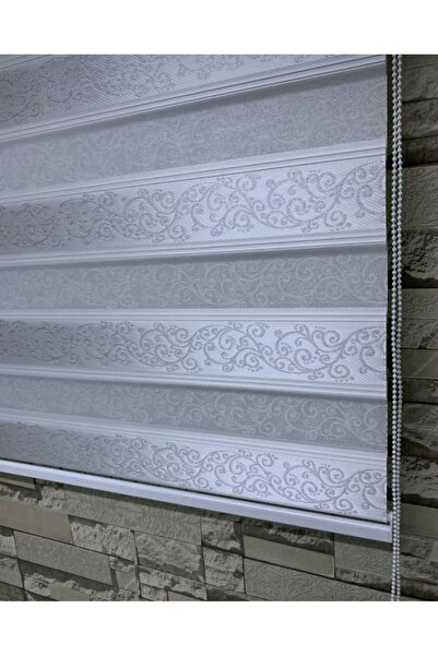 Abant Gümüş Simli Jakarlı Sarmaşık Desen Zebra Perde(etek Kısmı Düz)
