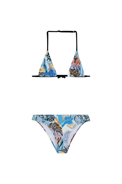 Bonesta Swimwear Kids Mavi Turuncu Leopar Desenli Üçgen Çocuk Bikini Takımı