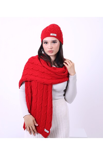 RTD&VLD RTD & VLD Women's Knitted Pattern Red Scarf Beanie Set