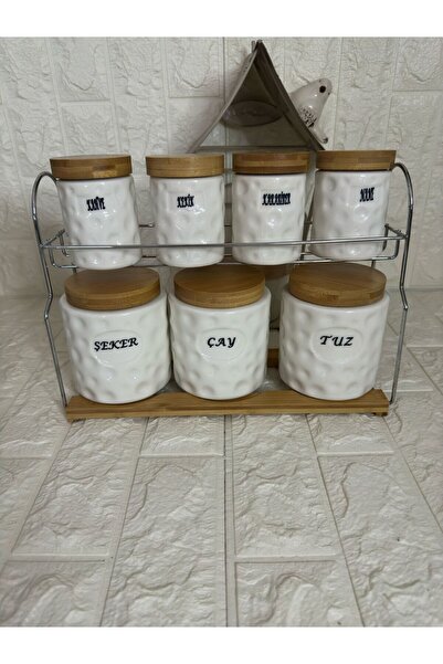 aky home style 7'li Porselen Baharatlık Stantlı Bambu Vakumlu Kapak