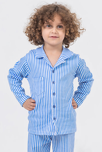 38 OtuzSekiz 4 Mevsim Rahat Pamuklu Mavi Çizgili Erkek Bebek Çocuk Pijama Takımı