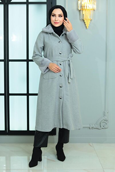 Modamihram Kürk Detaylı Kaşe Kaban Gri 19175