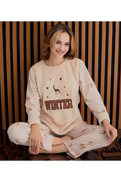 Pijamoni Women's Cream Long Sleeve Pocketed Flat Leg Welsoft Fleece Pajama Set