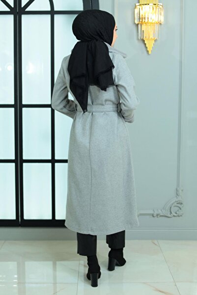 Modamihram Kürk Detaylı Kaşe Kaban Gri 19175