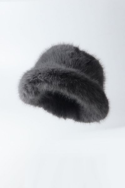 Kapin Gray Fur Round Hat Plush Bucket Extra Fluffy Heart Hat