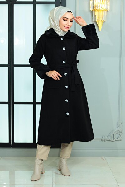 Modamihram Pelzdetaillierter Kachet-Mantel Schwarz 19175