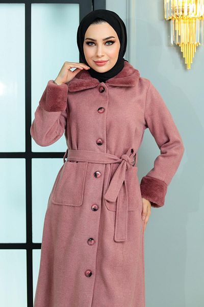 Modamihram Fur Detailed Kachet Coat Dusty Rose 19175
