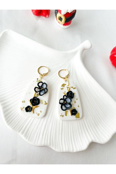 TREND White Polymer Earrings with Transparent Floral Gold Leaves
