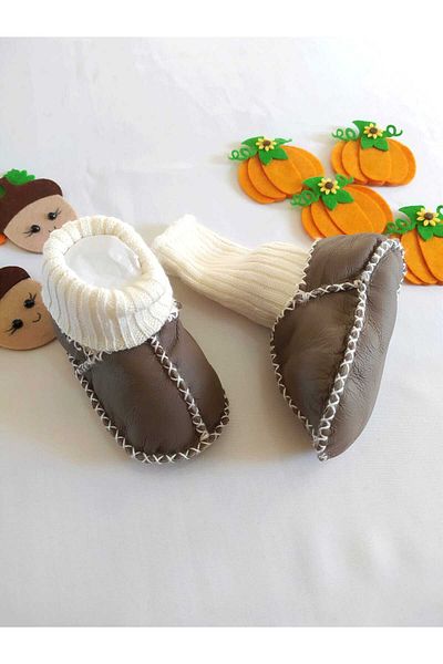 MİNİBİRİ Organic Genuine Lambskin Baby Booties Slippers Baby Boots Baby Shoes