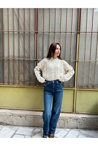 Fenice Varaklı Triko Kazak-ekru/gold