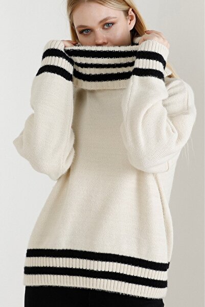 VEGENZE Pulover de damă crem cu dungi negru cu guler supradimensionat tricotaj