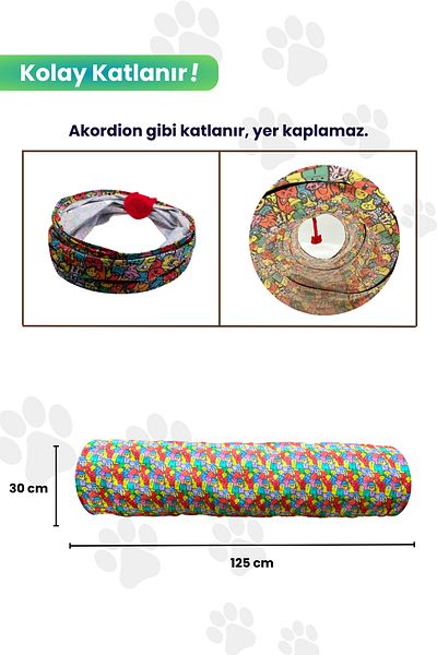 Miyav Foldable Long Cat Tunnel 125 Cm Oxford Fabric Durable Tunnel Colorful Patterned Cat Playground