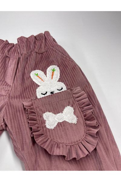 CANBİX Girl's Ruffled Rabbit Velvet Trousers