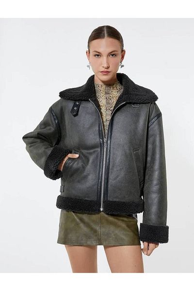 Koton 4wak20135ew Women's Leather Coat and Jacket Khaki