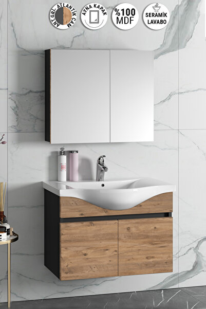 ÖZCEDEN Yıldız 80 cm Antrasit Gri Mat-Atlantik Çam MDF Seramik Lavabolu Asma Banyo Dolabı Takımı