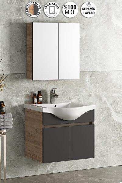 ÖZCEDEN Yıldız 55 cm Atlantik Çam-Antrasit Gri Mat MDF Seramik Lavabolu Asma ...