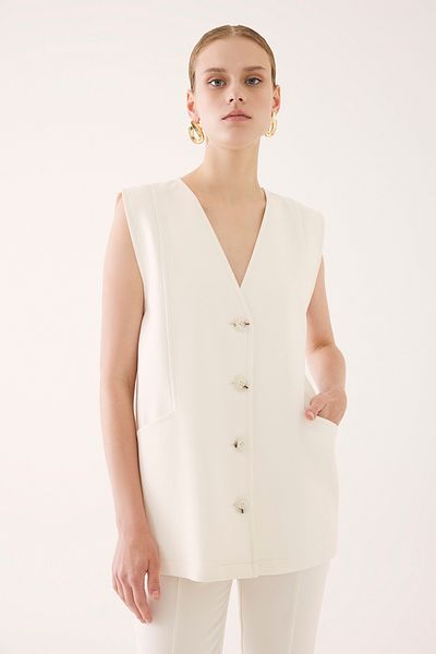 Perspective İbbie Regular Fit Mid-Length Zero Sleeve V-Neck Ecru Color Women's Vest