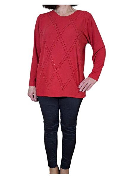 HaiModa Kadın Anne Kazağı Büyük Beden Yuvarlak Yaka Taş İşli