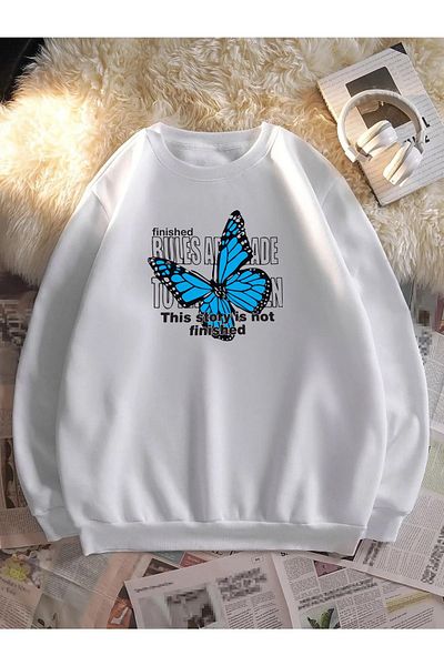 PALPİTO Hanorac oversize cu finisaj alb pentru femei, cu imprimeu fluture
