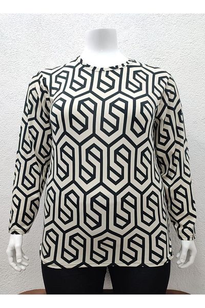 Pelek Butik Plus Size Patterned Viscose Blouse PB277