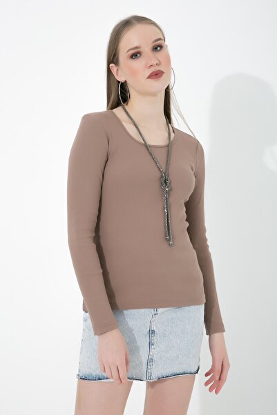 OENDO بلوزة مضلعة بأكمام طويلة من الليكرا باللون البني الحليبي - رقبة دائرية ...