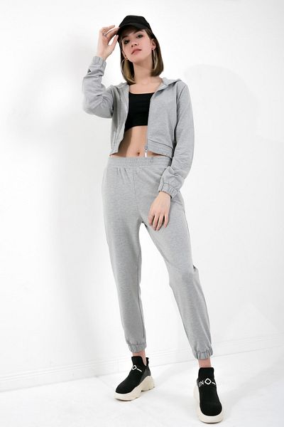 OENDO Two Thread Gray Melange Tracksuit Set with Hooded Zippered Waist and Elastic Leg Nd-26206