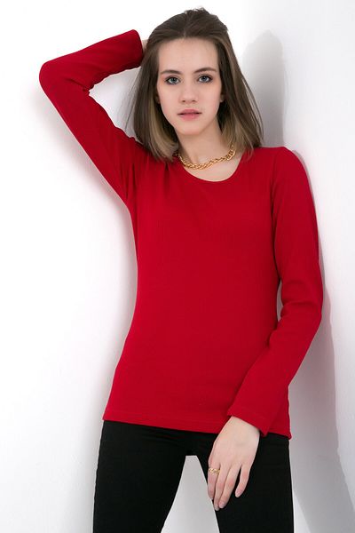 OENDO Lycra Long Sleeve Ribbed Knitted O Neck Basic Red Blouse Nd-26208