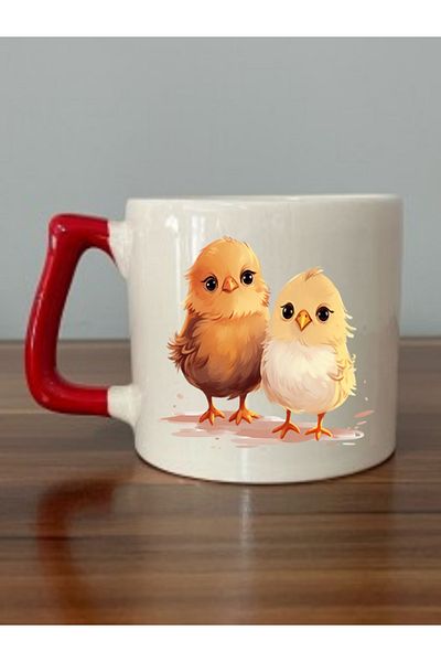 lili hediyelik Chick Printed Red Handled Mug Cup - Ceramic Tea, Coffee Gift Cup