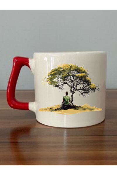 lili hediyelik Human Under Tree Printed Red Handled Mug Cup - Ceramic Tea, Coffee Gift Cup