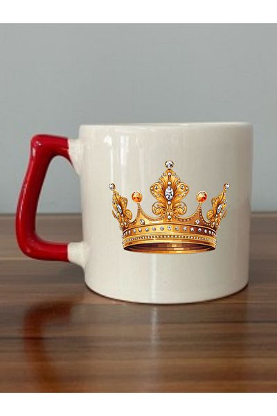 lili hediyelik King's Crown Printed Red Handled Mug Cup - Ceramic Tea, Coffee Gift Cup