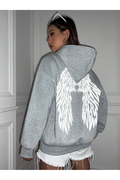 trendgar gray angel back Printed Hooded Sweatshirt