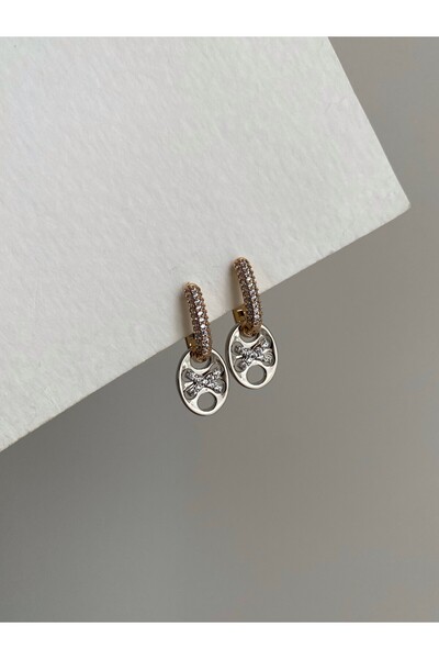 Owentis أقراط من الفولاذ الذهبي والفضي مرصعة بأحجار مرس موديل Kisses - لا تشويه -