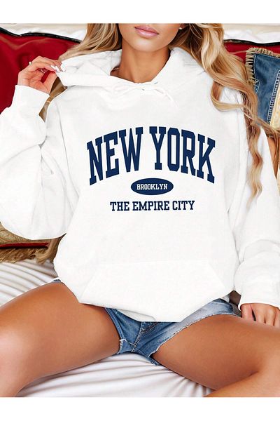 trendgar WHITE NEW YORK PRINTED HOODED SWEATSHIRT