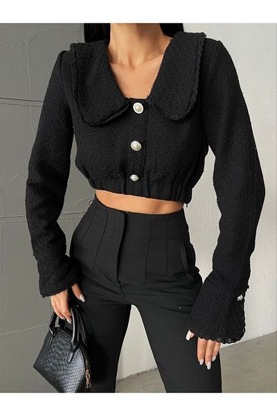 LB Laluna Butik Γυναικείο γιακά μωρού με μαργαριταρένιο κουμπί με λεπτομέρεια μπλούζα Tweed ύφασμα