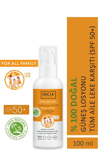 Incia 100% Natural and Organic - Mineral Filtered Sun Lotion +50 SPF 100 ml For the Whole Family