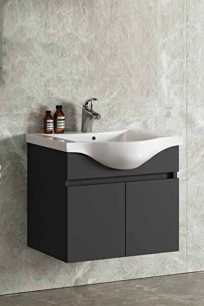 ÖZCEDEN Yıldız 75 cm Antrasit Gri Mat MDF Seramik Lavabolu Asma Banyo Alt Dolabı